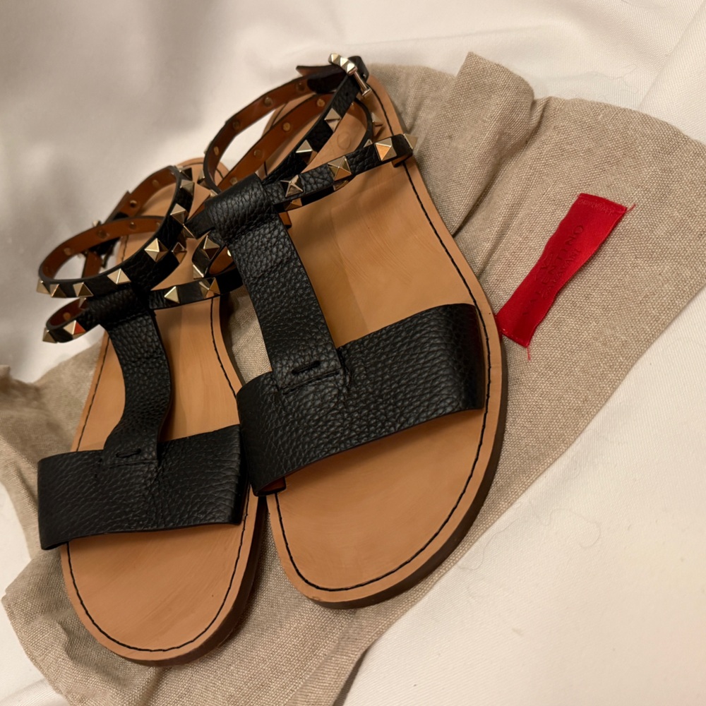 Valentino Black Leather Rockstud Strappy Sandals
